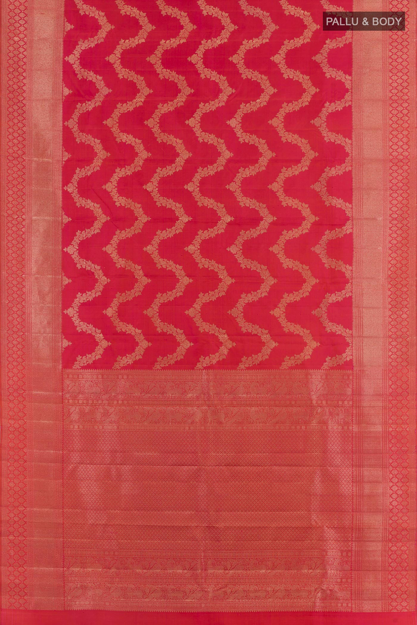 Flat view of Pink Kanchipuram Silk Saree with Zari Brocade on the body and Zari Border. 