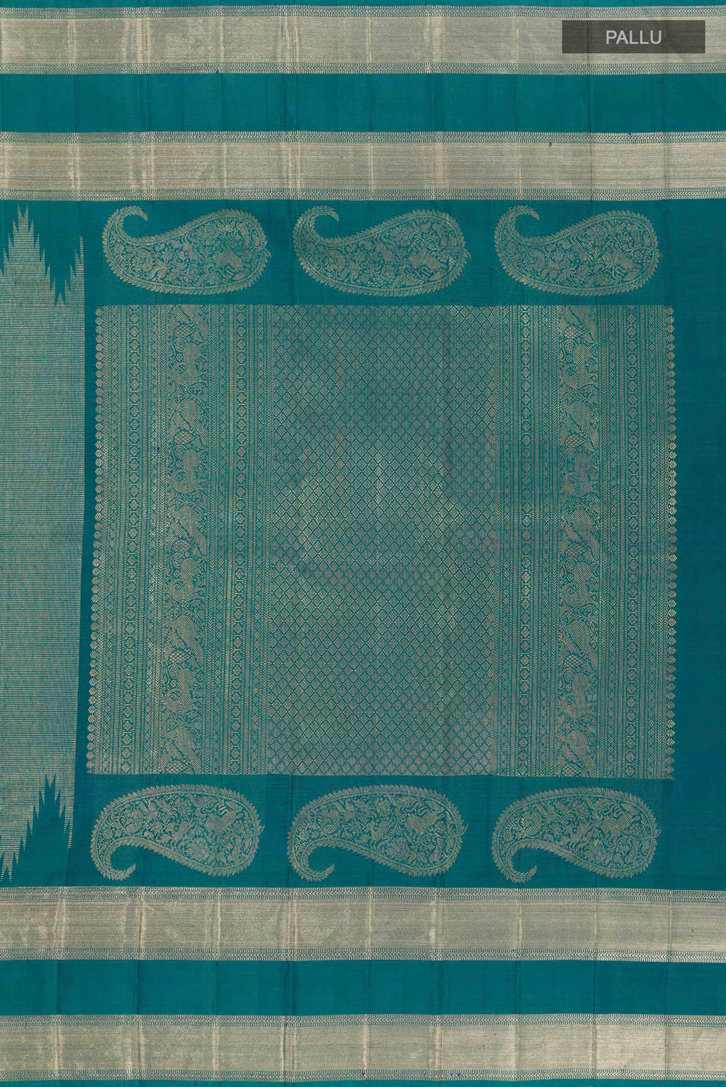 Close up image of the pallu of Peacock Blue Kanchipuram Silk Saree with Zari Brocade on the body and Zari Border. 