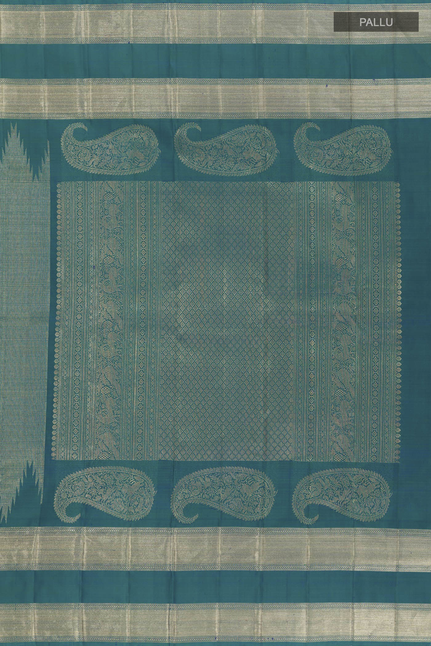 Close up image of the pallu of Peacock Blue Kanchipuram Silk Saree with Zari Brocade on the body and Zari Border. 
