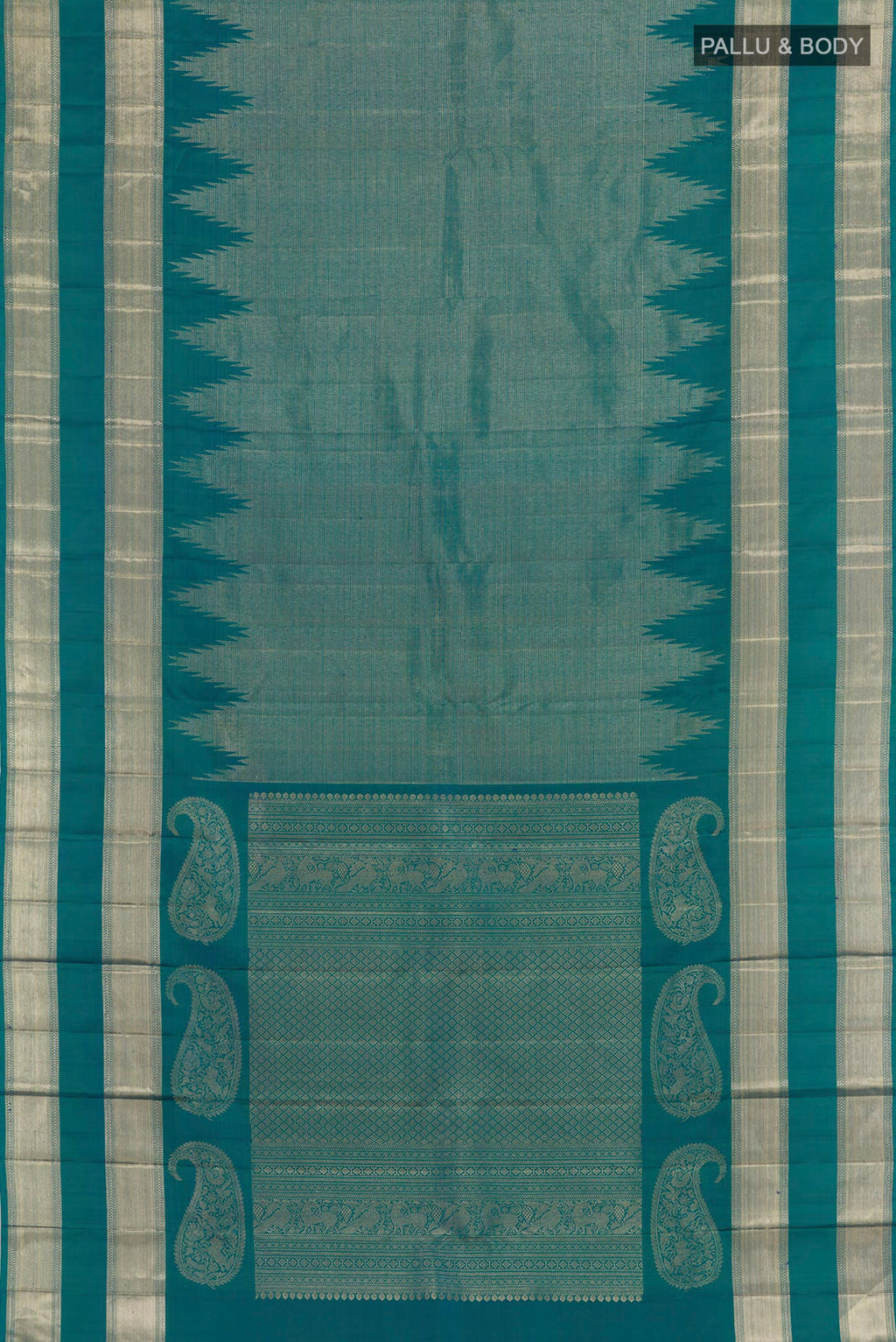 Flat view of Peacock Blue Kanchipuram Silk Saree with Zari Brocade on the body and Zari Border. 