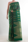 Pure Silk Green Kanchipuram Saree with Zari Brocade on the body and Without Border.  displayed on a mannequin