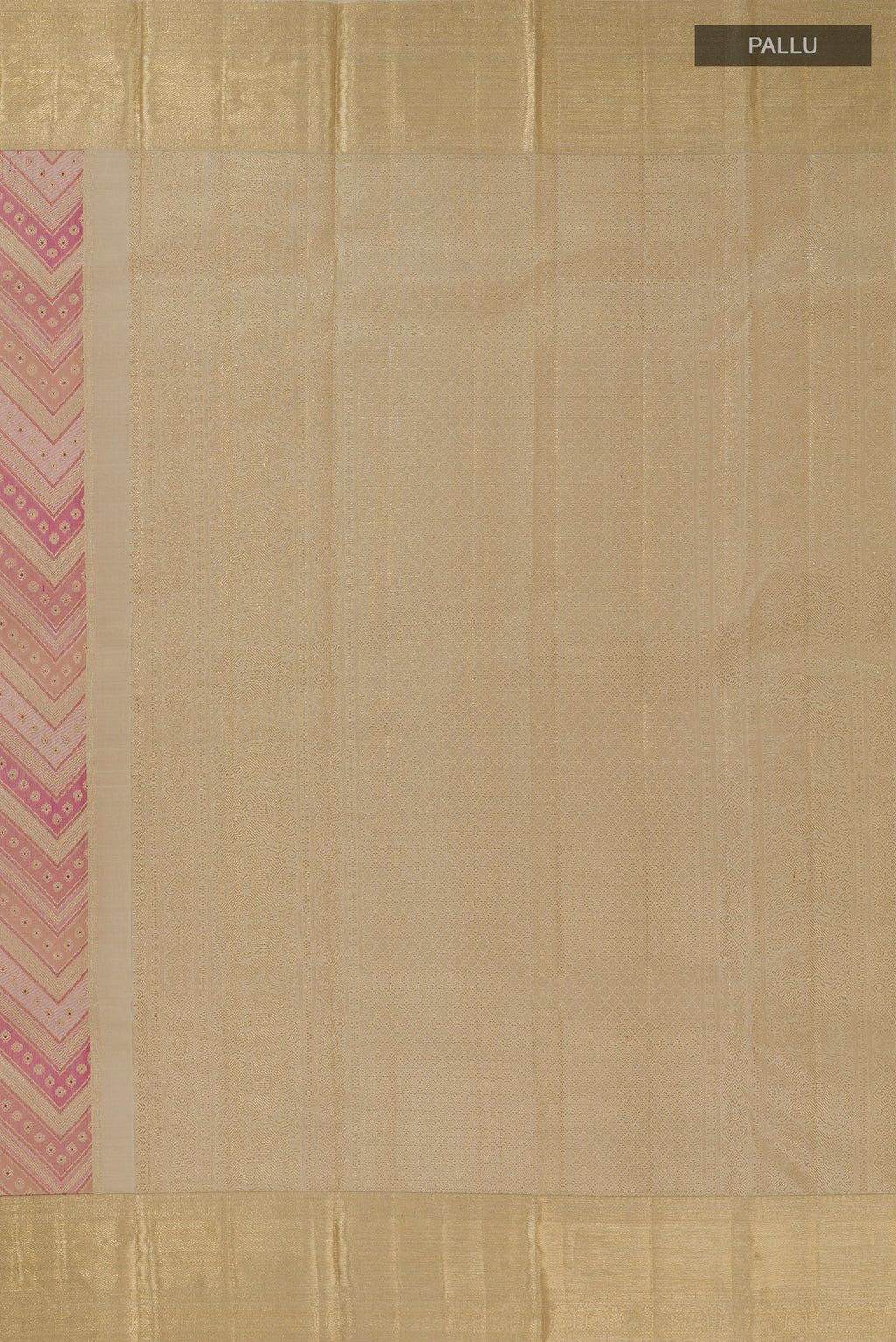 Close up image of the pallu of Pure Silk Beige Kanjivaram Saree with Zari Brocade on the body and Zari Border. 