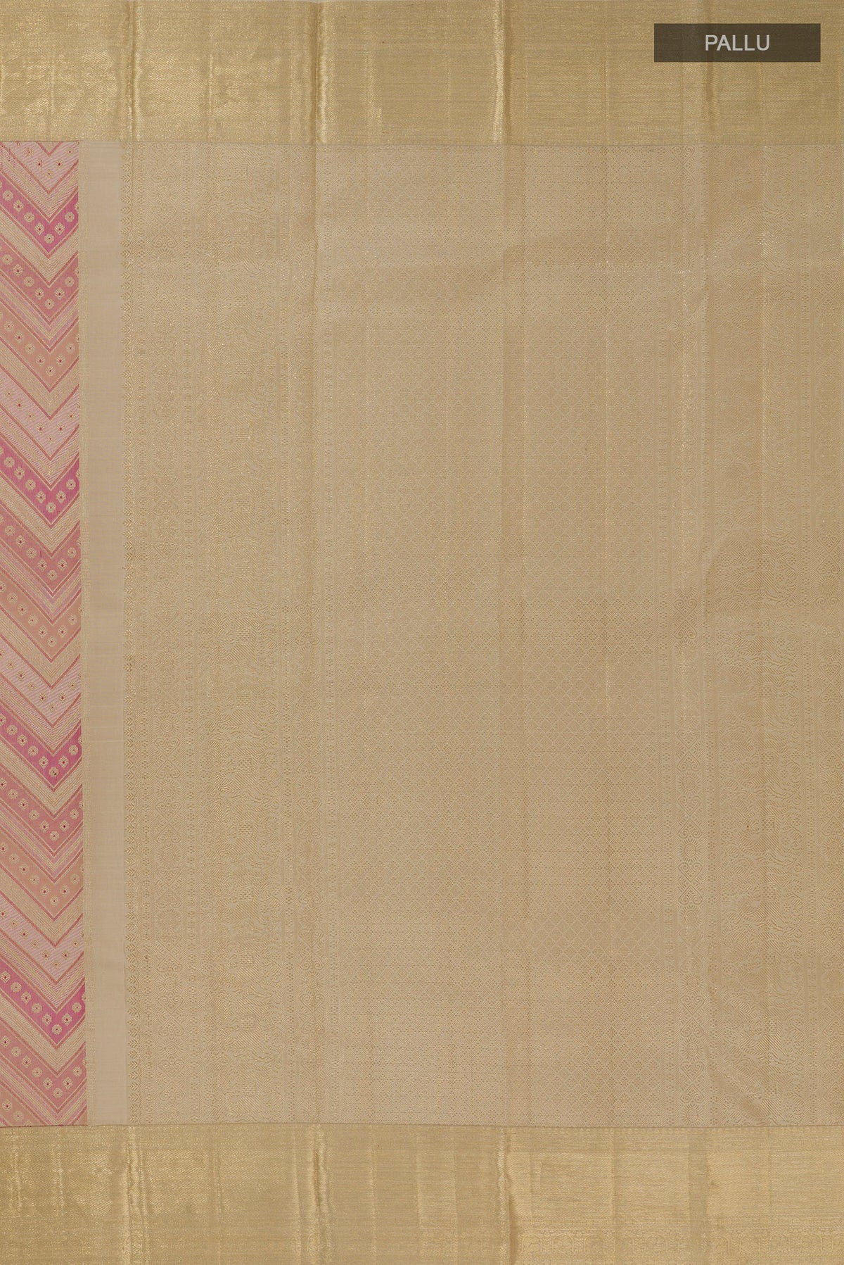 Close up image of the pallu of Pure Silk Beige Kanjivaram Saree with Zari Brocade on the body and Zari Border. 