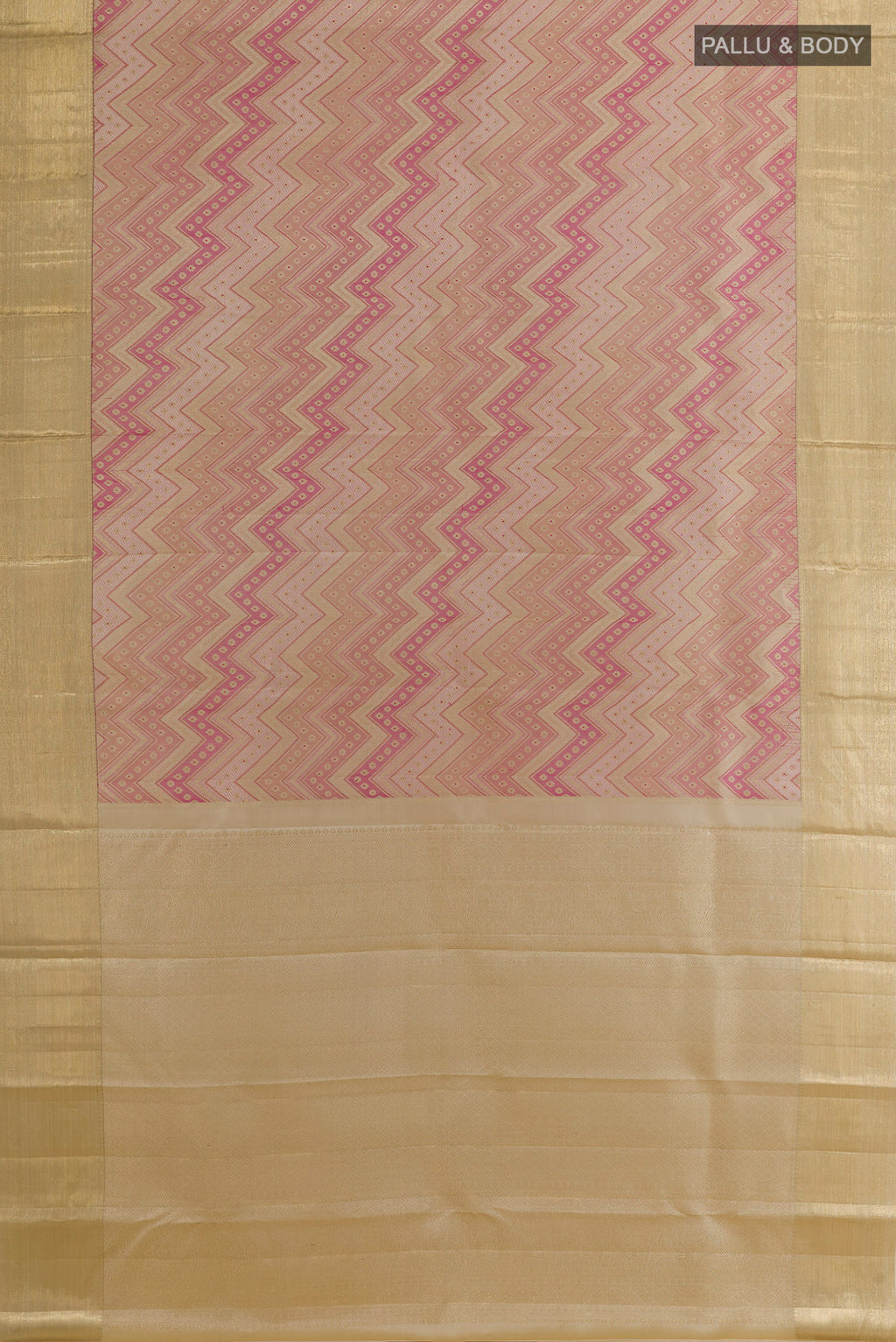 Flat view of Pure Silk Beige Kanjivaram Saree with Zari Brocade on the body and Zari Border. 
