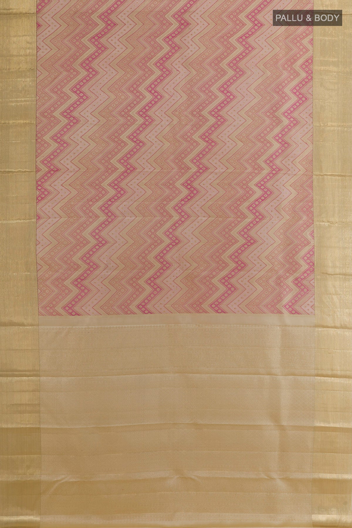 Flat view of Pure Silk Beige Kanjivaram Saree with Zari Brocade on the body and Zari Border. 