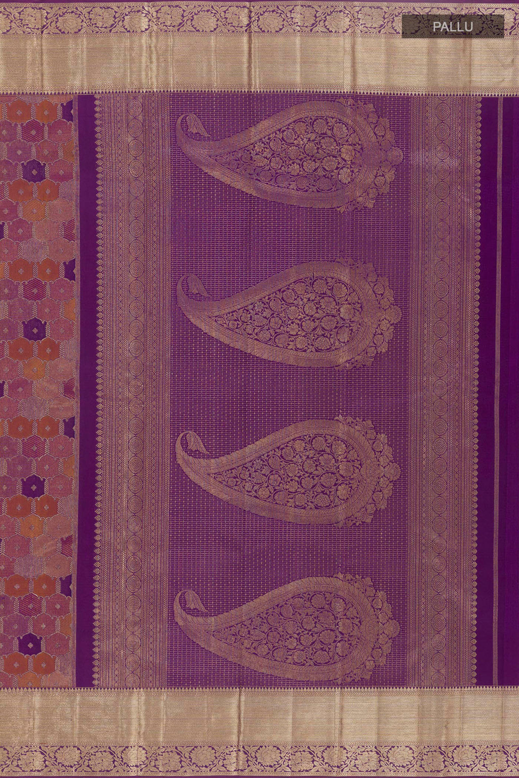 Close up image of the pallu of Purple Kanjivaram Silk Saree with Zari Brocade on the body and Zari Border. 