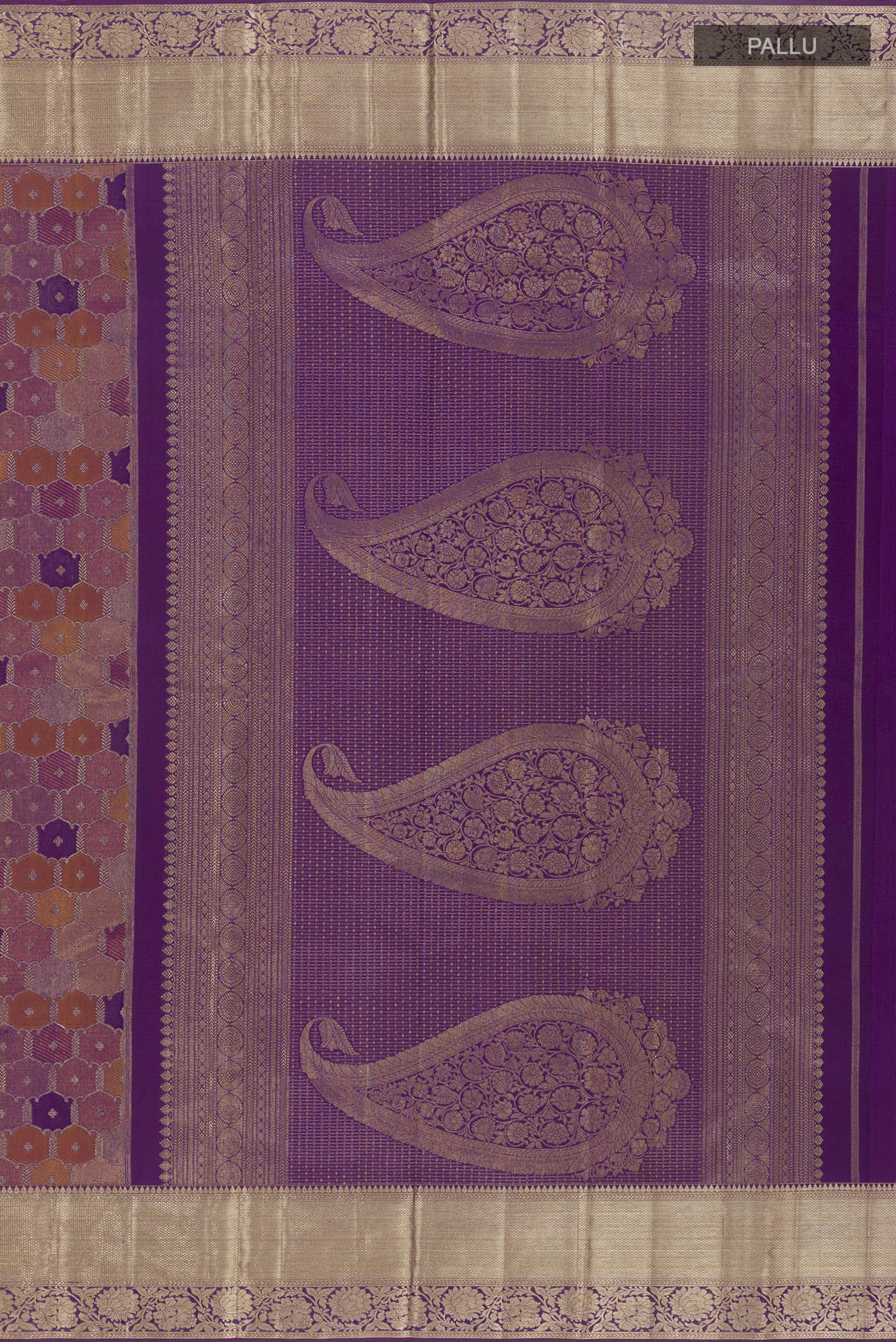 Close up image of the pallu of Purple Kanjivaram Silk Saree with Zari Brocade on the body and Zari Border. 