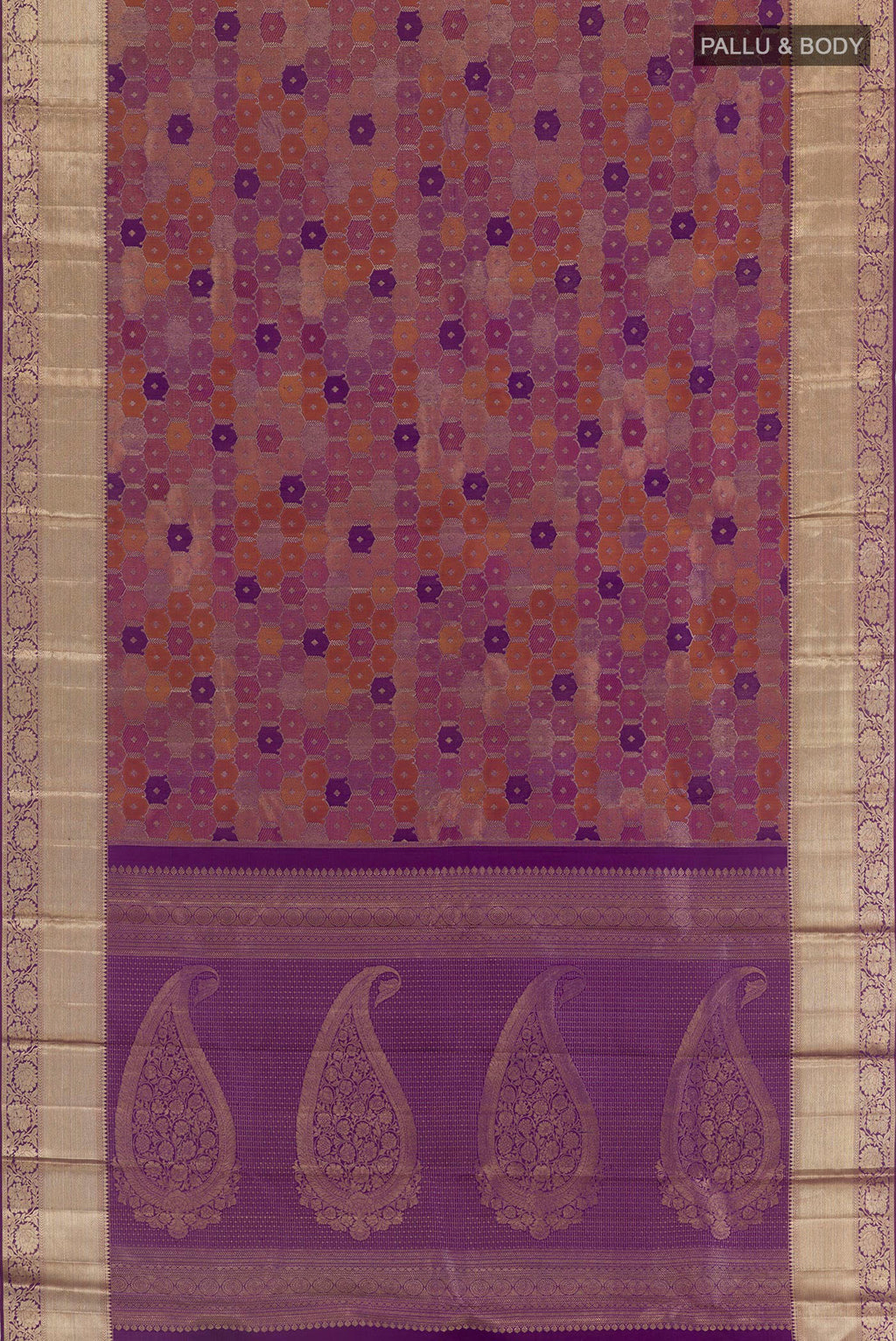 Flat view of Purple Kanjivaram Silk Saree with Zari Brocade on the body and Zari Border. 
