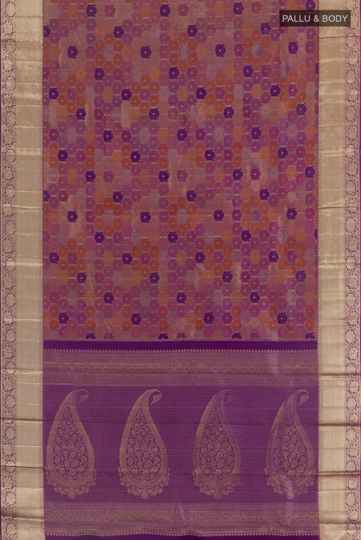 Flat view of Purple Kanjivaram Silk Saree with Zari Brocade on the body and Zari Border. 