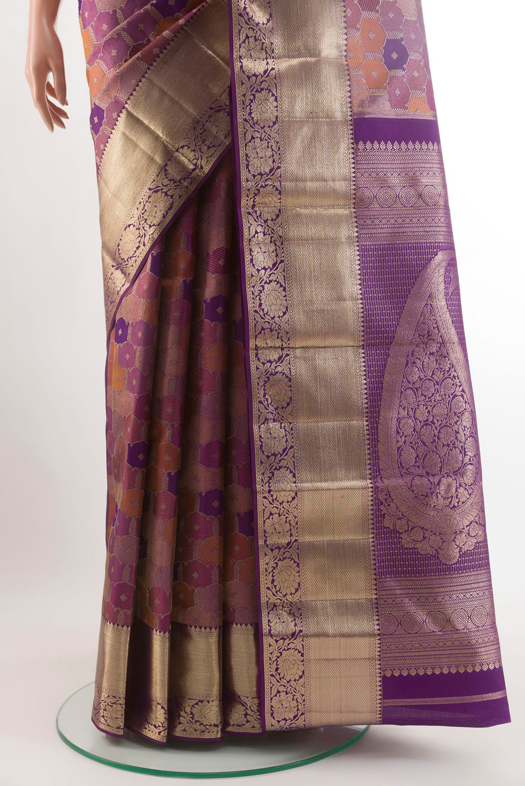 Pleats and pallu of Purple Kanjivaram Silk Saree with Zari Brocade on the body and Zari Border. 