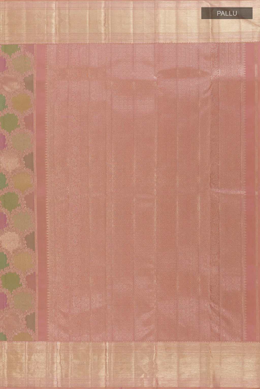 Close up image of the pallu of Multi Color Kanjivaram Silk Saree with Zari Brocade on the body and Zari Border. 