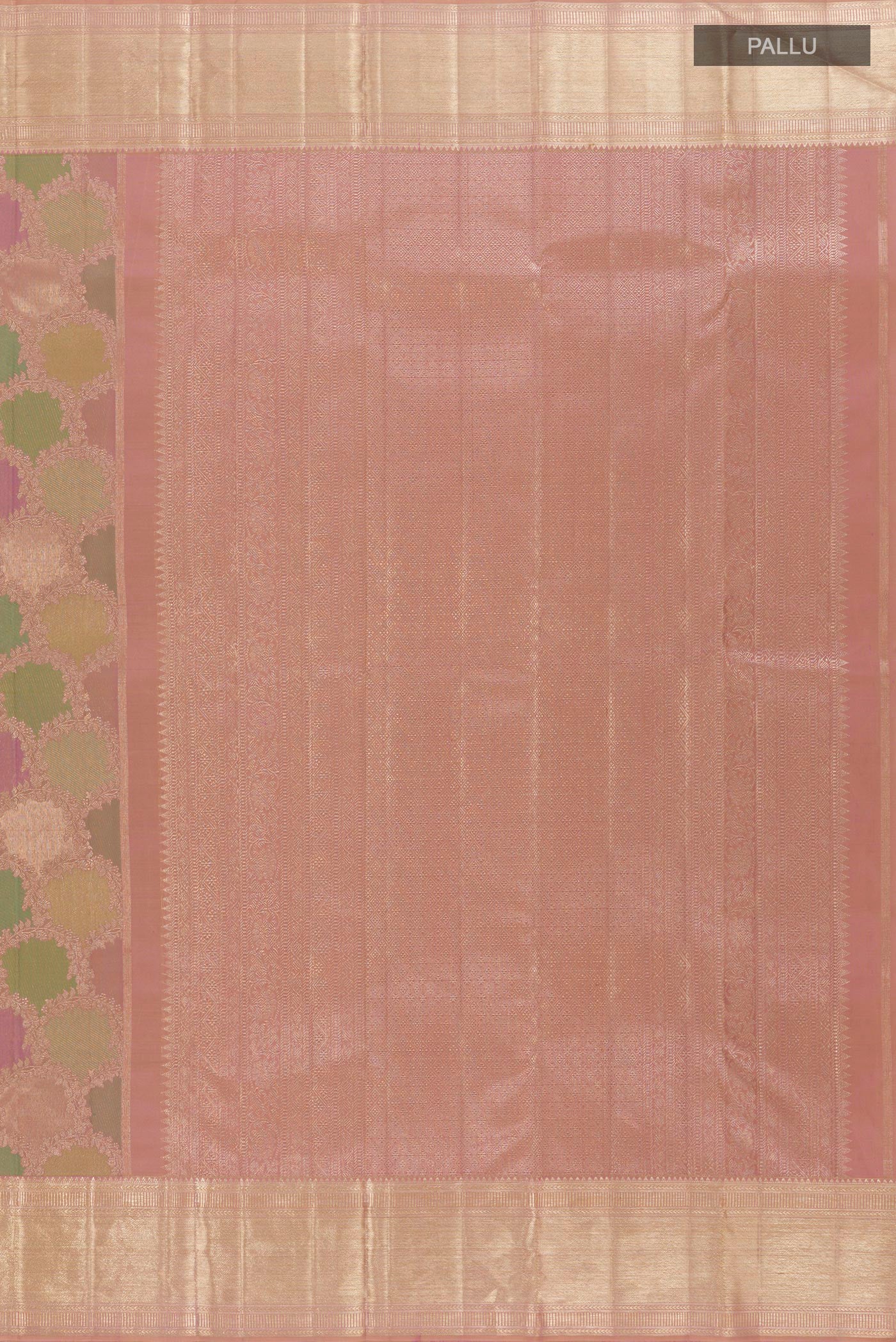 Close up image of the pallu of Multi Color Kanjivaram Silk Saree with Zari Brocade on the body and Zari Border. 