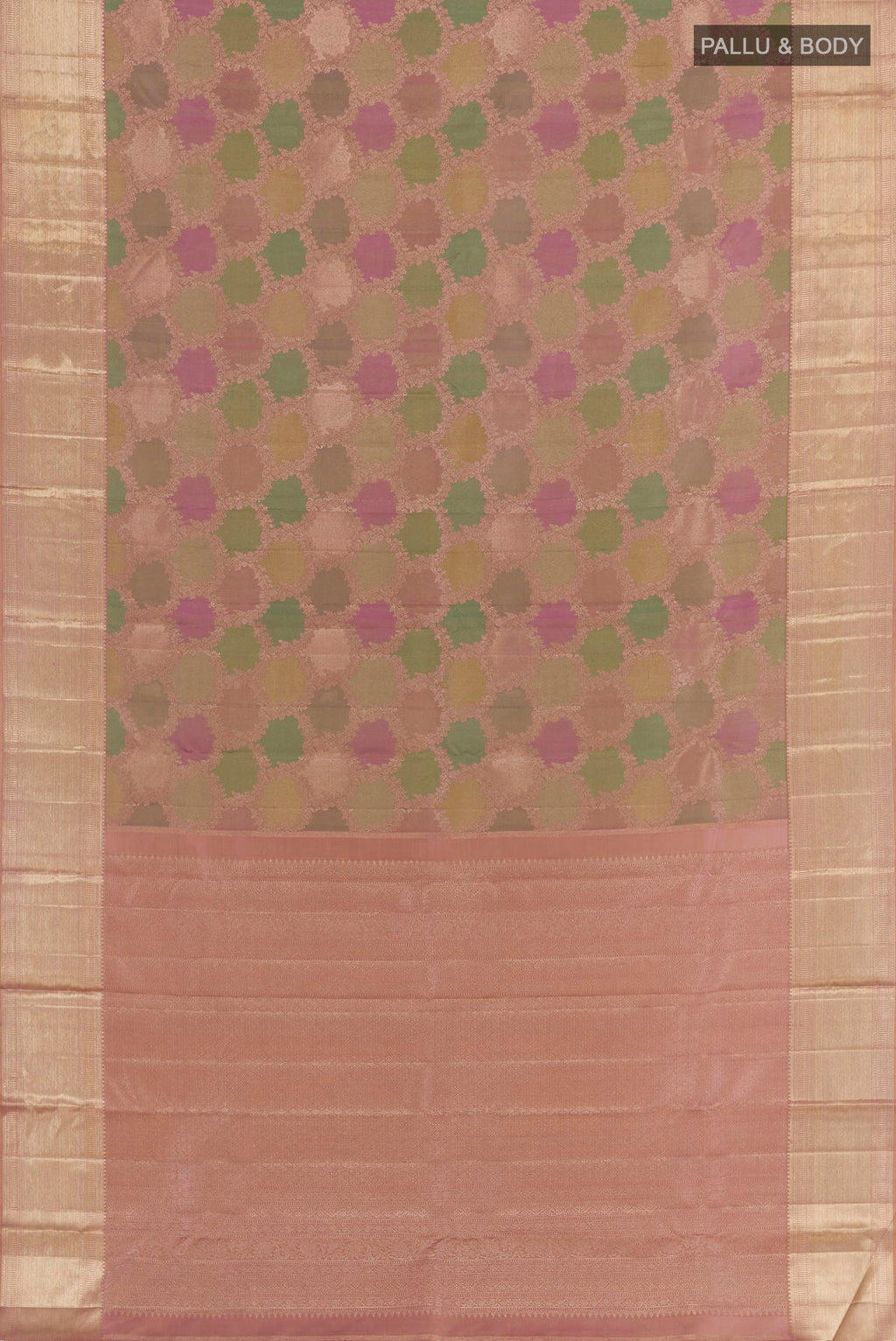 Flat view of Multi Color Kanjivaram Silk Saree with Zari Brocade on the body and Zari Border. 