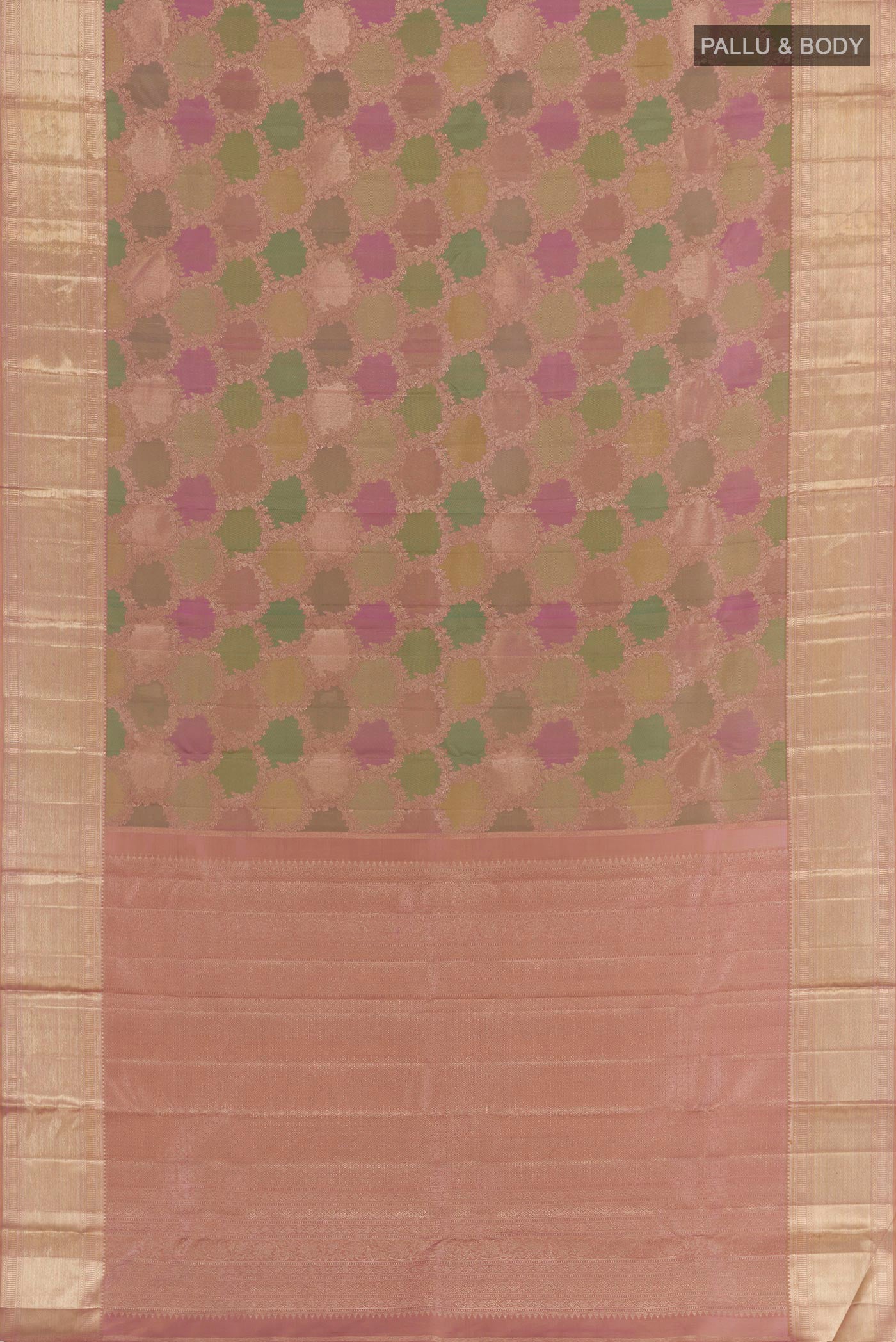 Flat view of Multi Color Kanjivaram Silk Saree with Zari Brocade on the body and Zari Border. 