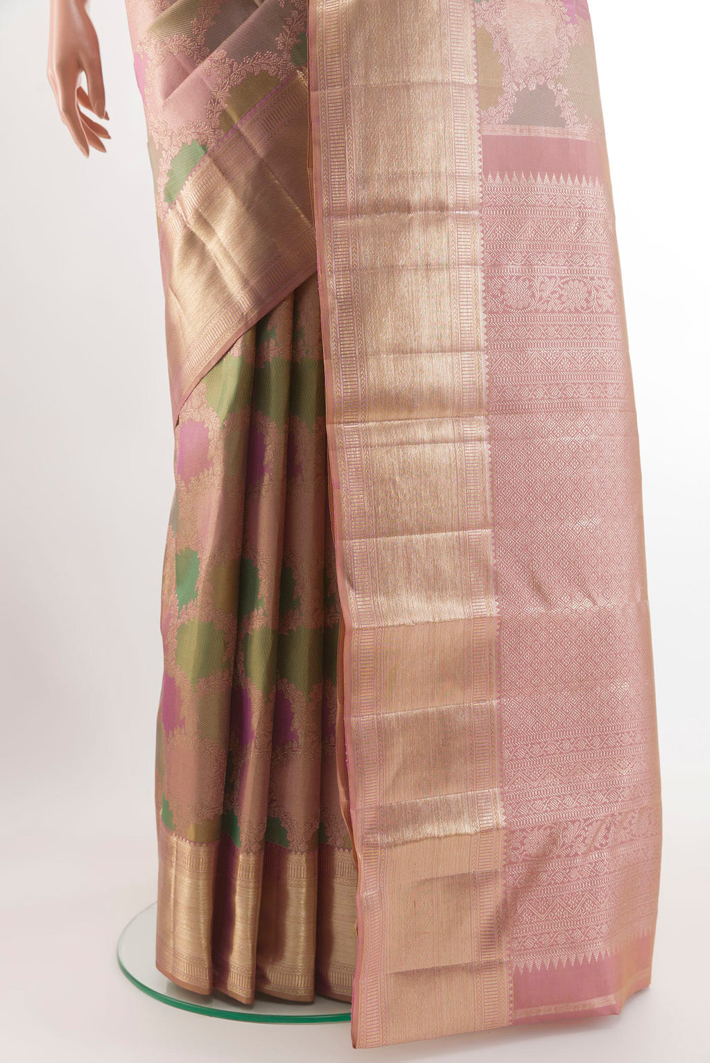Pleats and pallu of Multi Color Kanjivaram Silk Saree with Zari Brocade on the body and Zari Border. 