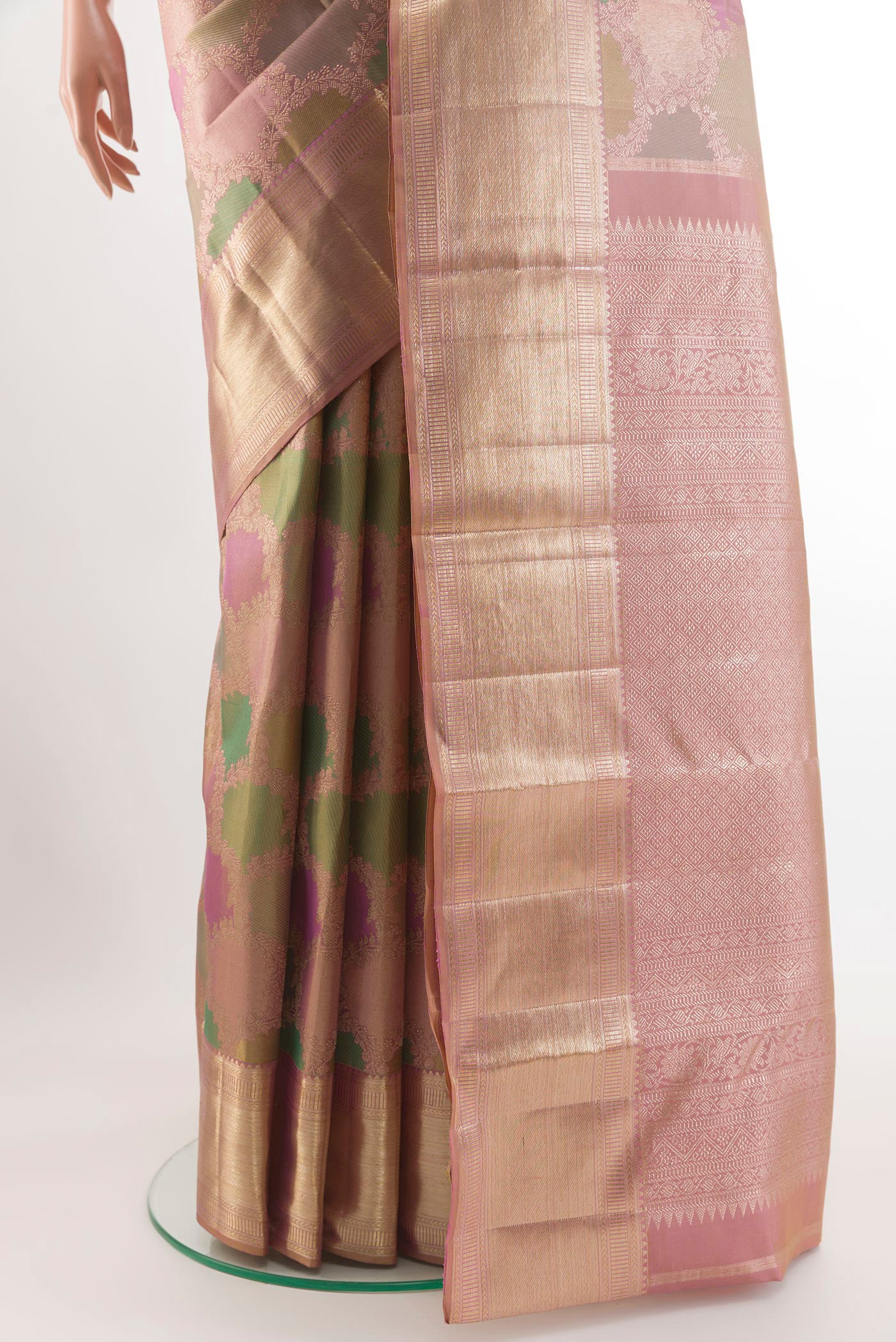 Pleats and pallu of Multi Color Kanjivaram Silk Saree with Zari Brocade on the body and Zari Border. 