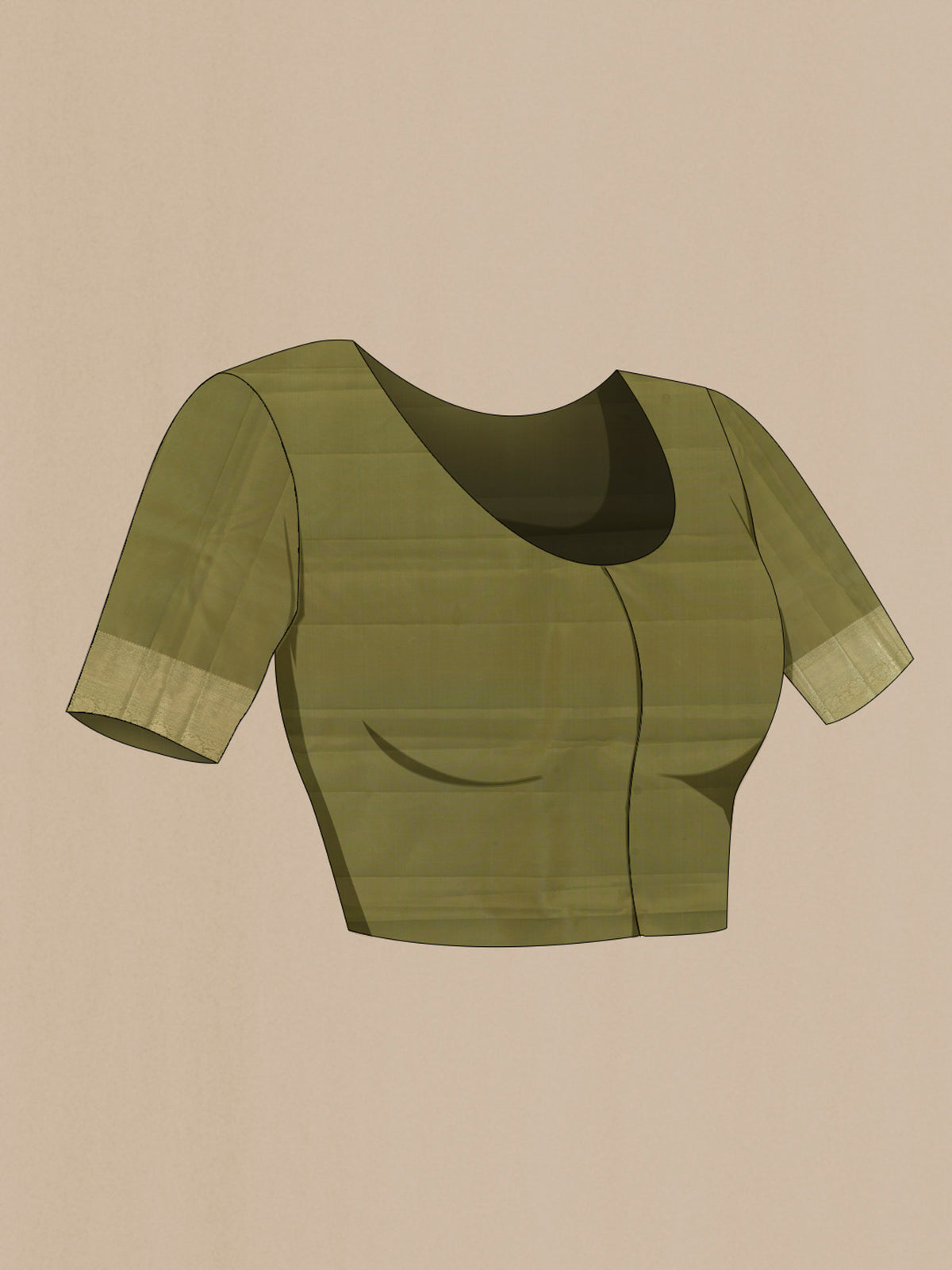 Close up image of the blouse of Green Kanjivaram Silk Saree with Zari Brocade on the body and Zari Border. 