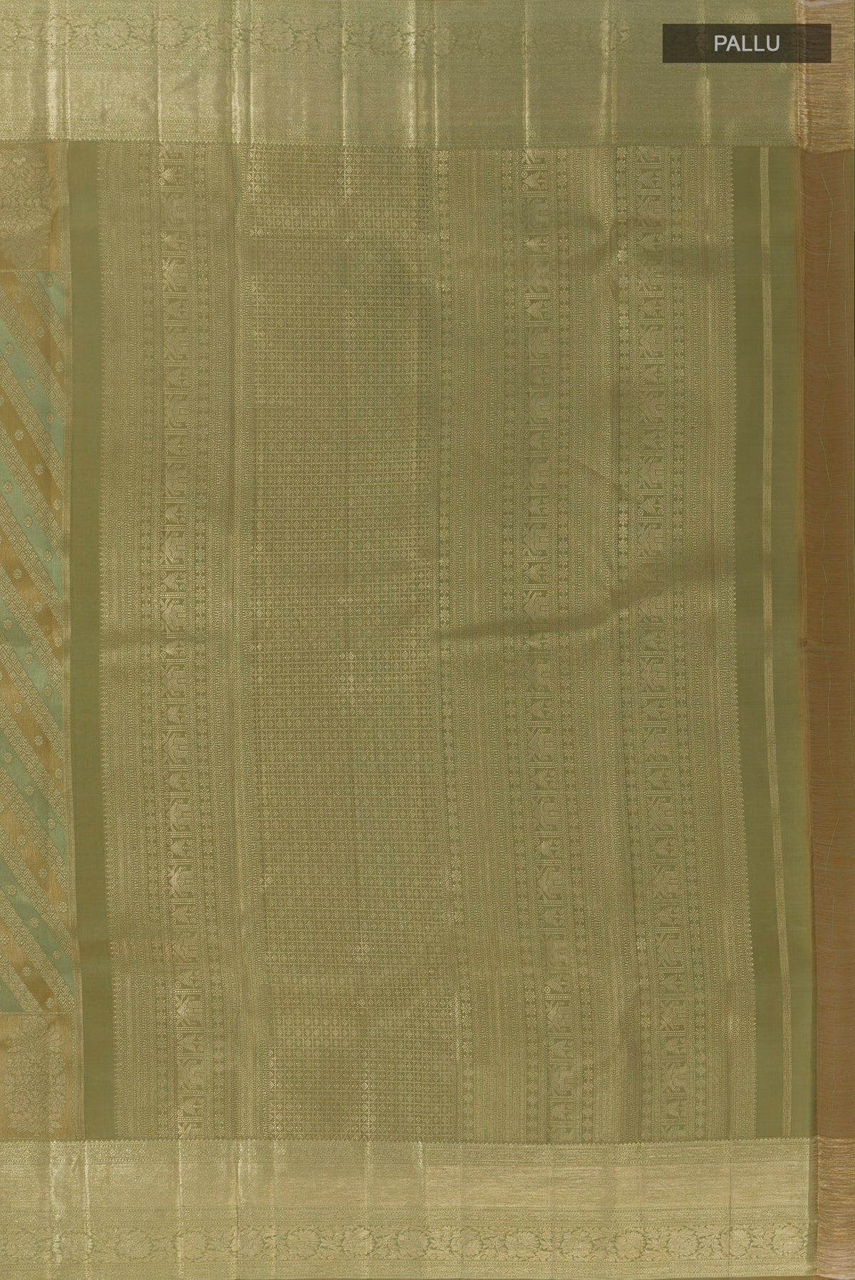 Close up image of the pallu of Green Kanjivaram Silk Saree with Zari Brocade on the body and Zari Border. 