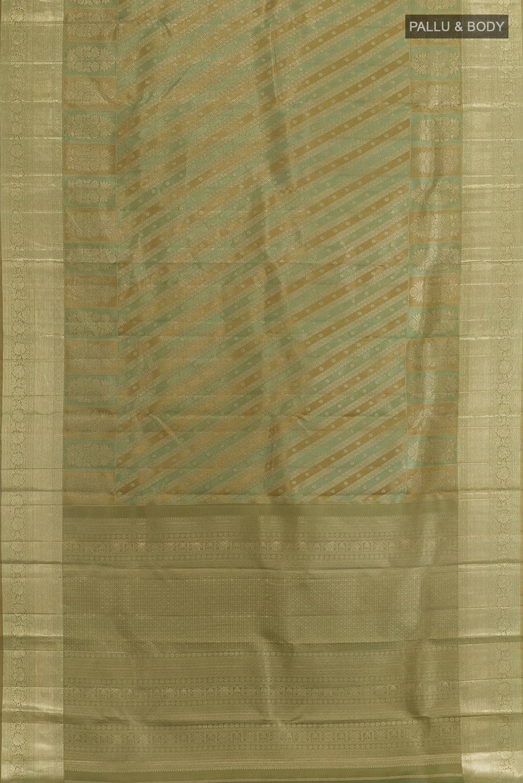 Flat view of Green Kanjivaram Silk Saree with Zari Brocade on the body and Zari Border. 