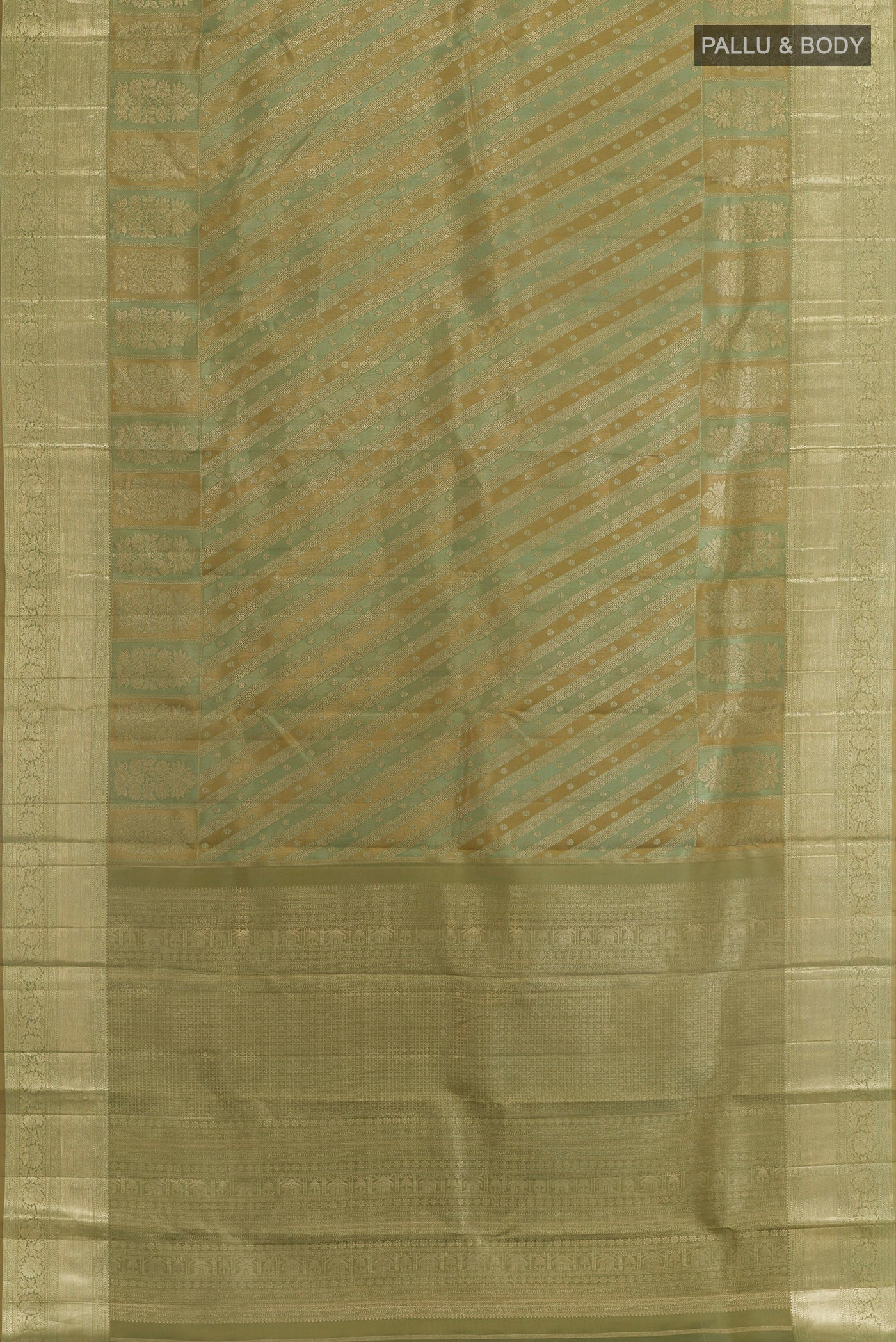 Flat view of Green Kanjivaram Silk Saree with Zari Brocade on the body and Zari Border. 
