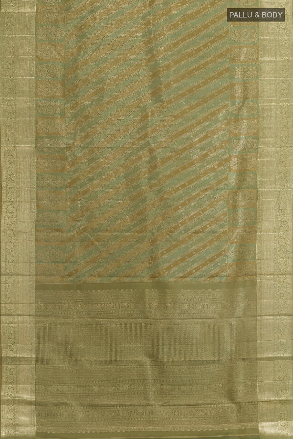 Flat view of Green Kanjivaram Silk Saree with Zari Brocade on the body and Zari Border. 