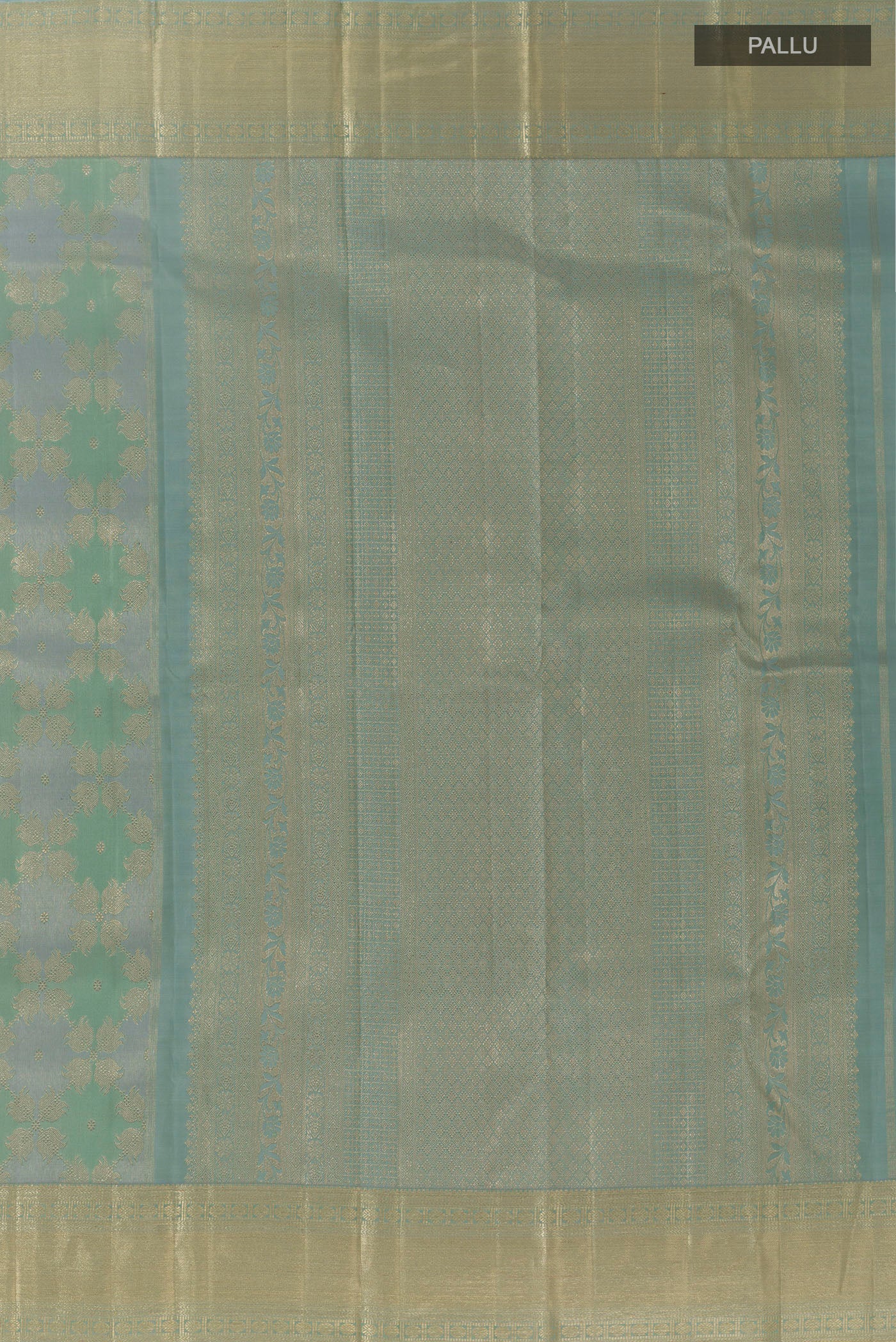 Close up image of the pallu of Grey Kanjivaram Tissue Silk Saree with Zari Brocade on the body and Zari Border. 