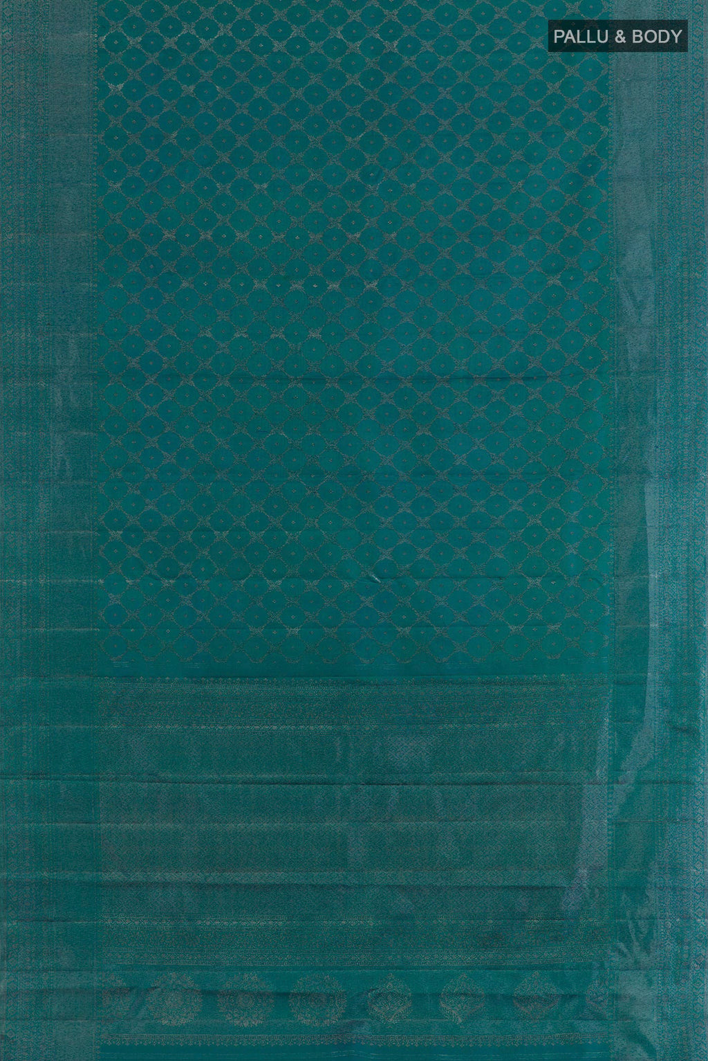 Flat view of Peacock Blue Kanjivaram Silk Saree with Zari Brocade on the body and Zari Border. 
