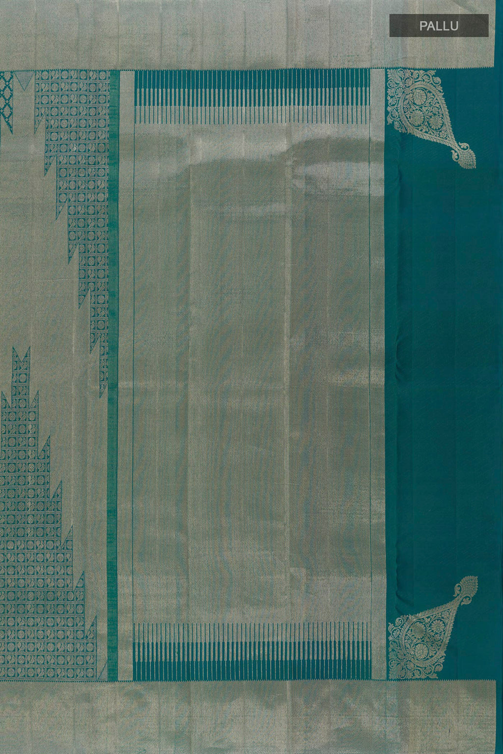 Close up image of the pallu of Peacock Blue Dual Tone Kanchipuram Silk Saree with Zari Brocade on the body and Zari Border. 