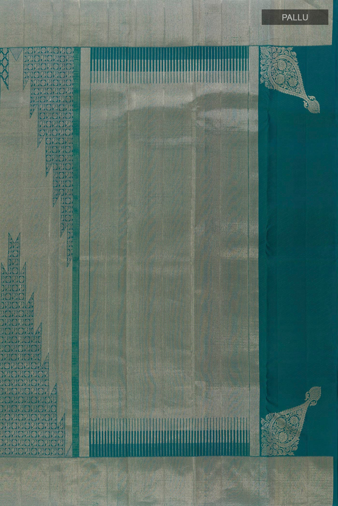 Close up image of the pallu of Peacock Blue Dual Tone Kanchipuram Silk Saree with Zari Brocade on the body and Zari Border. 