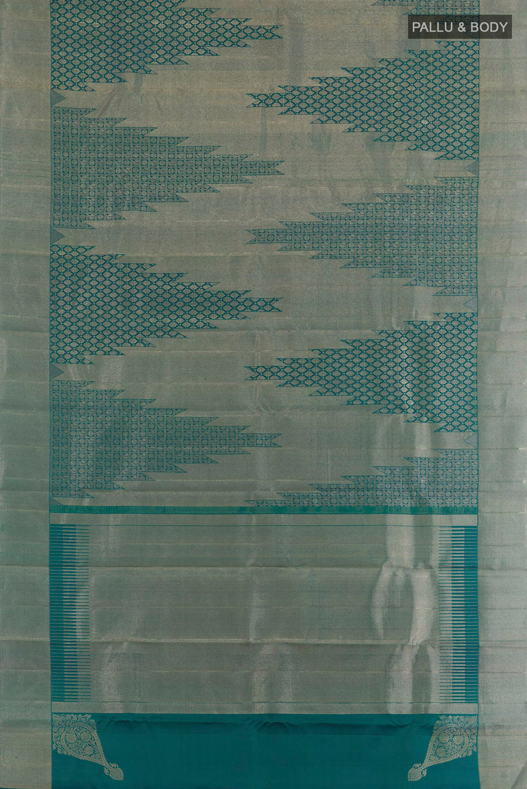Flat view of Peacock Blue Dual Tone Kanchipuram Silk Saree with Zari Brocade on the body and Zari Border. 