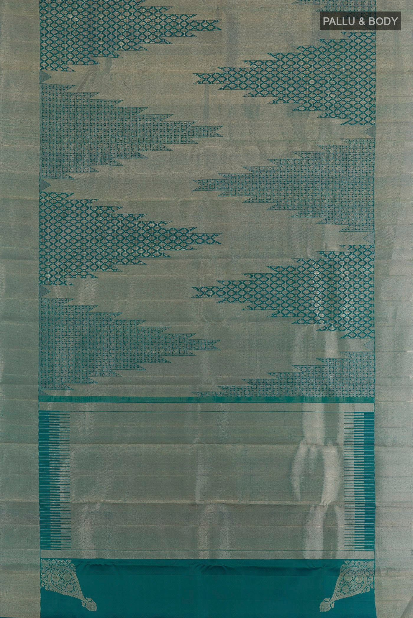 Flat view of Peacock Blue Dual Tone Kanchipuram Silk Saree with Zari Brocade on the body and Zari Border. 