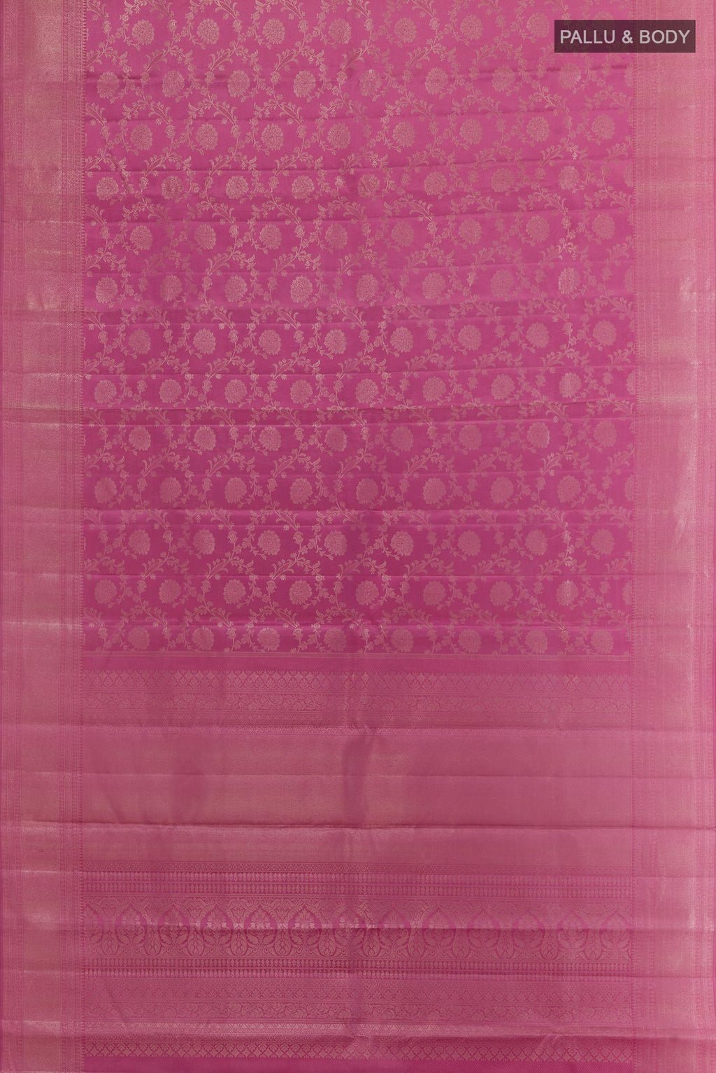 Flat view of Purple Kanjivaram Silk Saree with Zari Brocade on the body and Zari Border. 