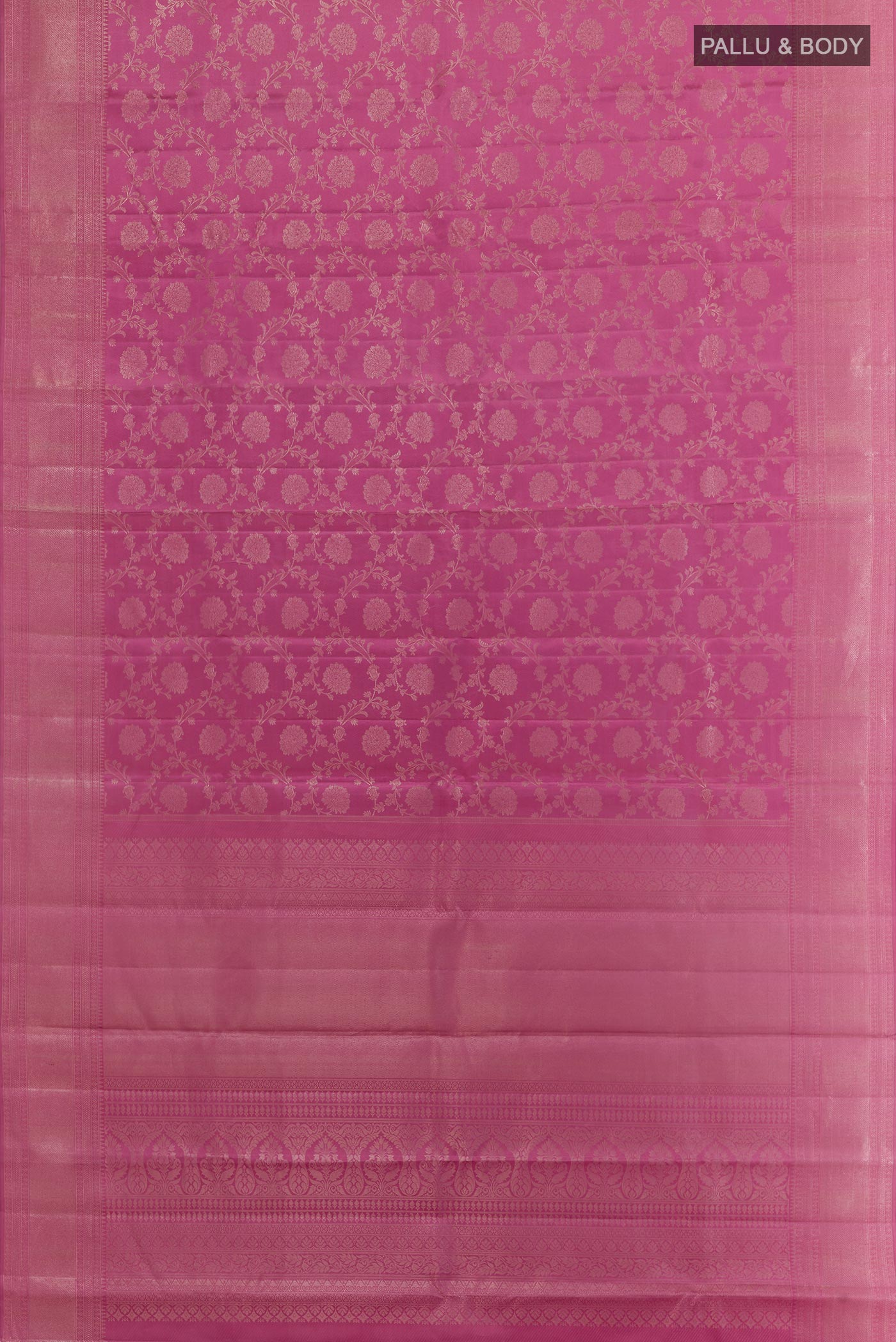 Flat view of Purple Kanjivaram Silk Saree with Zari Brocade on the body and Zari Border. 