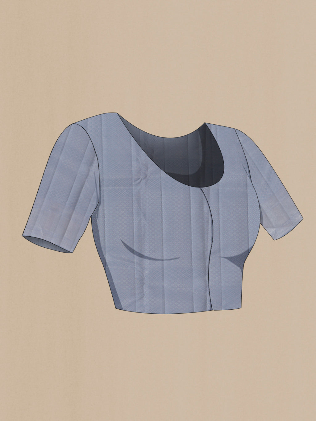 Close up image of the blouse of Blue Grey Kanjivaram Silk Saree with Zari Brocade on the body and Zari Border. 