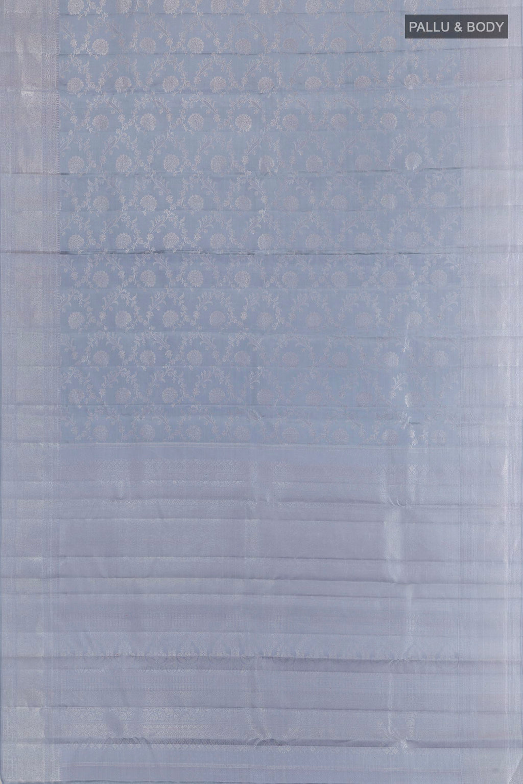 Flat view of Blue Grey Kanjivaram Silk Saree with Zari Brocade on the body and Zari Border. 