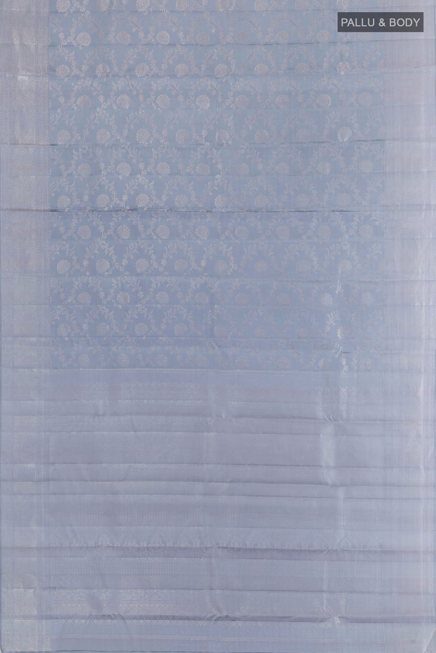 Flat view of Blue Grey Kanjivaram Silk Saree with Zari Brocade on the body and Zari Border. 