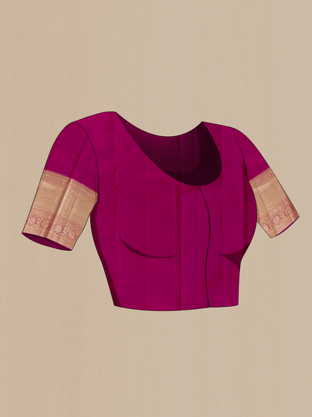 Close up image of the blouse of Magenta Kanjivaram Silk Saree with Zari Brocade on the body and Zari Border. 