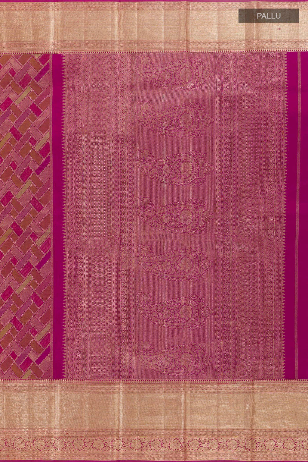 Close up image of the pallu of Magenta Kanjivaram Silk Saree with Zari Brocade on the body and Zari Border. 