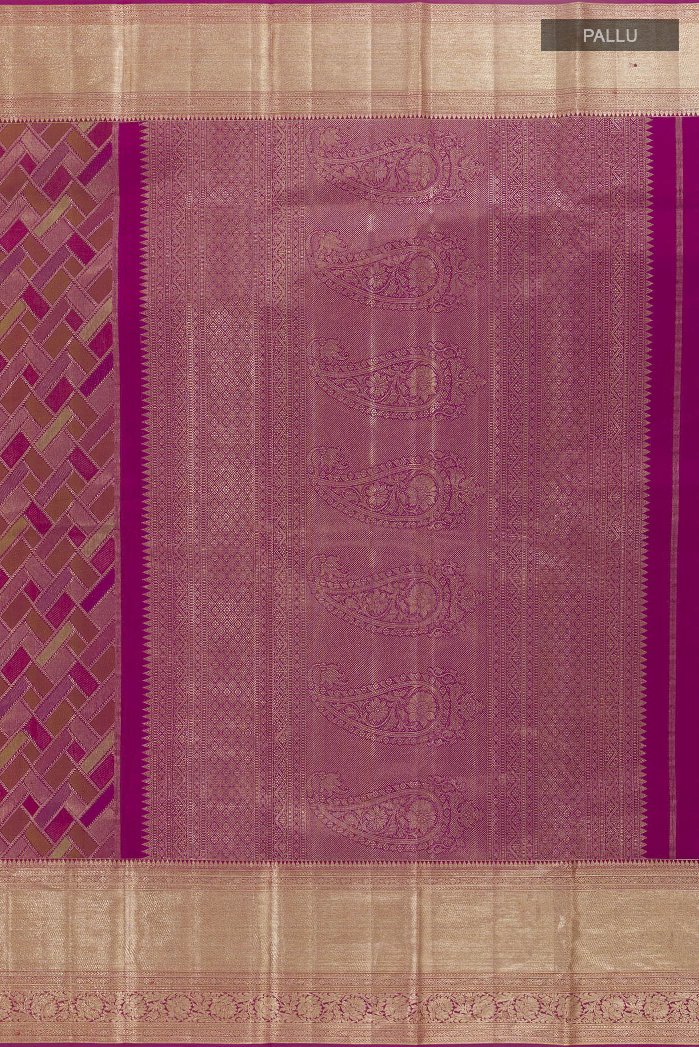 Close up image of the pallu of Magenta Kanjivaram Silk Saree with Zari Brocade on the body and Zari Border. 