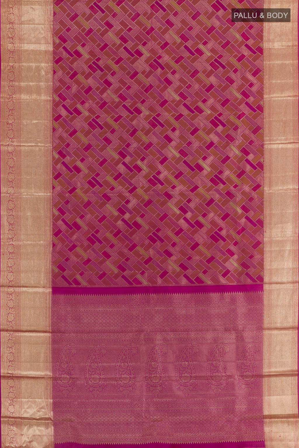 Flat view of Magenta Kanjivaram Silk Saree with Zari Brocade on the body and Zari Border. 