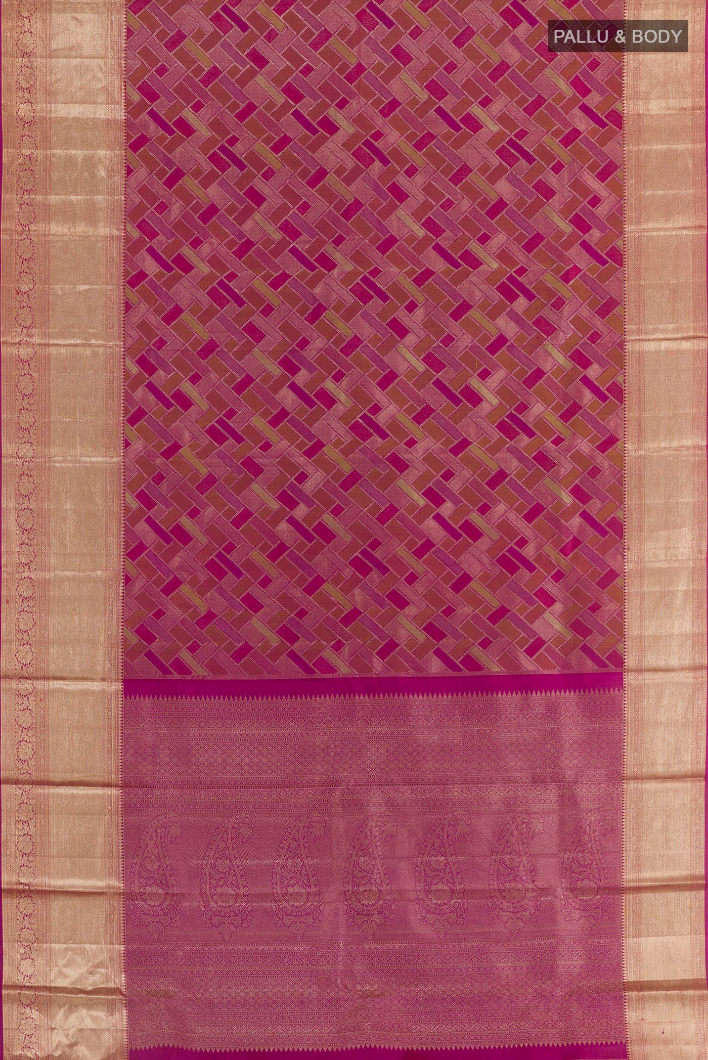 Flat view of Magenta Kanjivaram Silk Saree with Zari Brocade on the body and Zari Border. 