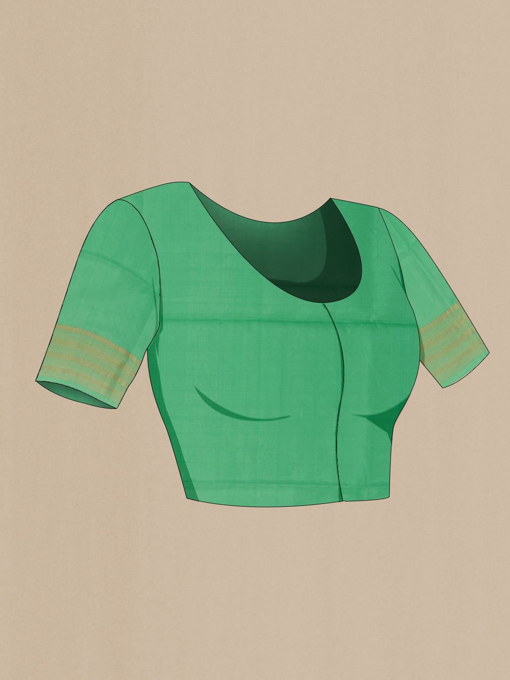 Close up image of the blouse of Sea Green Soft Silk Saree with Zari Butta on the body and Zari Border. 