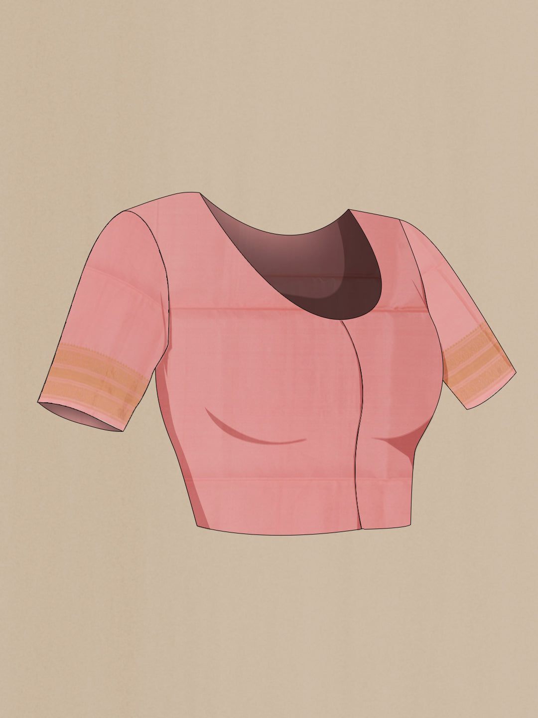 Close up image of the blouse of Pink Soft Silk Saree with Zari Butta on the body and Zari Border. 