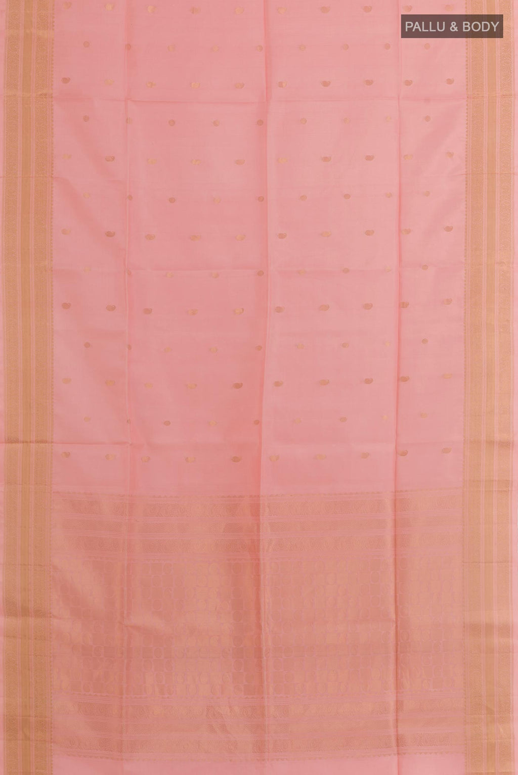 Flat view of Pink Soft Silk Saree with Zari Butta on the body and Zari Border. 