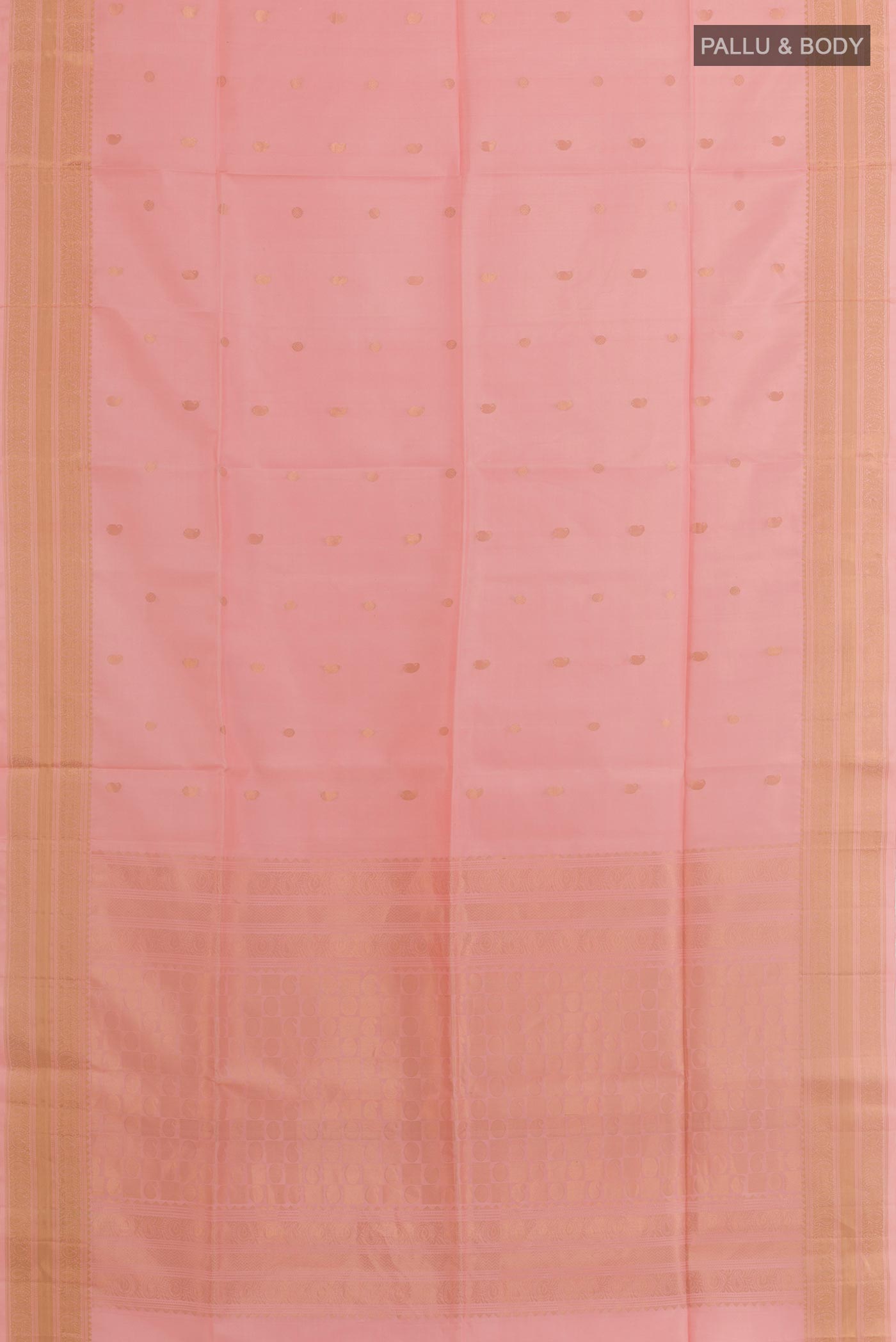 Flat view of Pink Soft Silk Saree with Zari Butta on the body and Zari Border. 