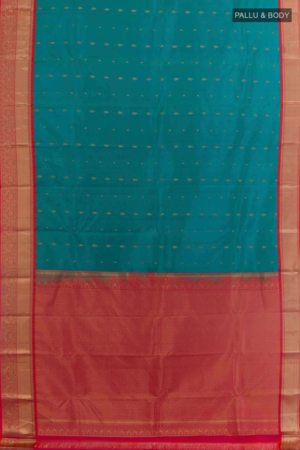 Flat view of Blue Kanjivaram Silk Saree with Zari Butta on the body and Zari Border. 