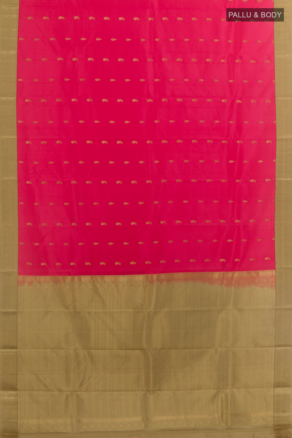 Flat view of Pink Kanjivaram Silk Saree with Zari Butta on the body and Zari Border. 