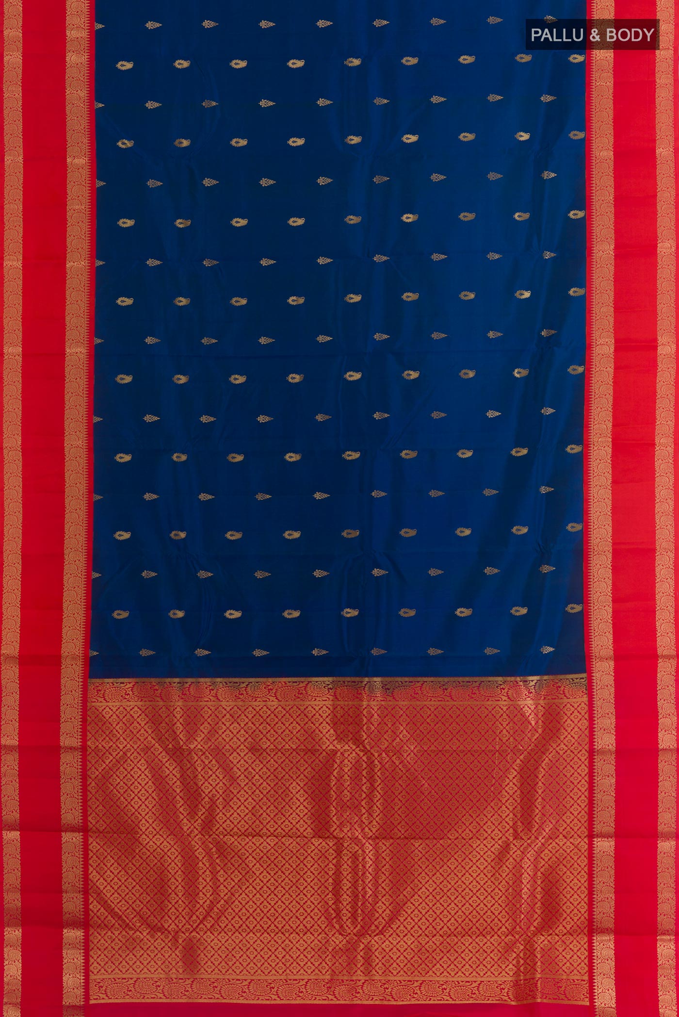 Flat view of Blue Kanjivaram Silk Saree with Zari Butta on the body and Zari Border. 
