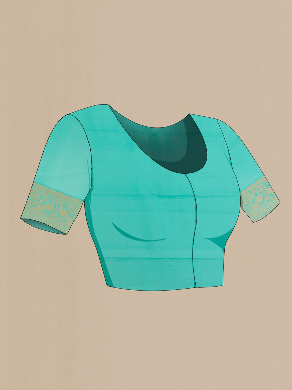 Close up image of the blouse of Pure Silk Turquoise Kanjivaram Saree with Zari Butta on the body and Zari Border. 