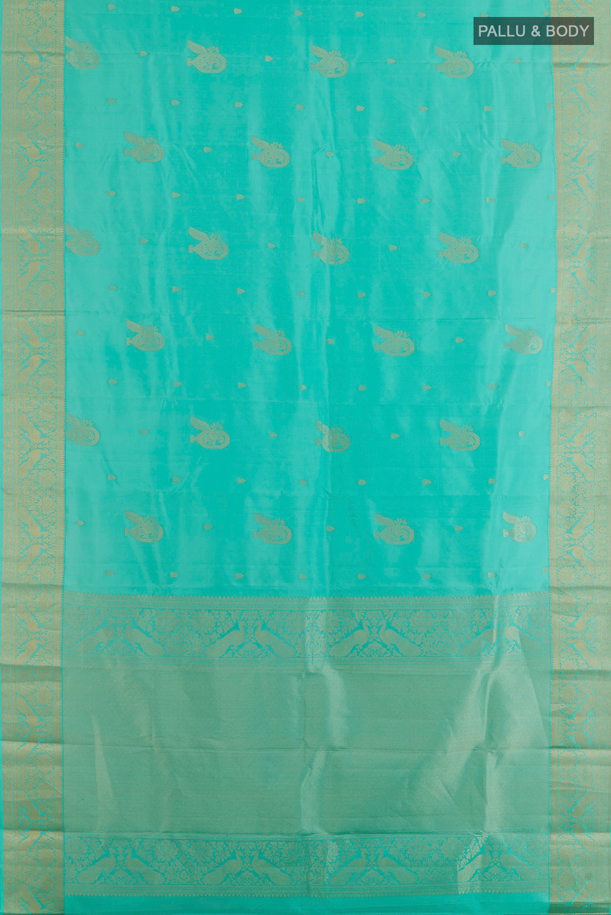 Flat view of Pure Silk Turquoise Kanjivaram Saree with Zari Butta on the body and Zari Border. 